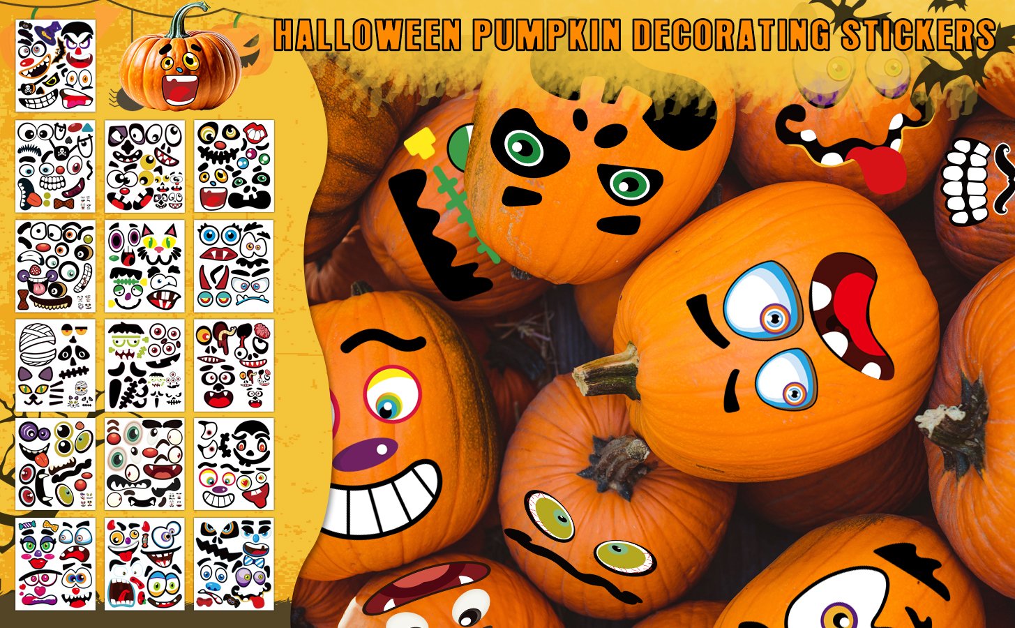 Halloween pumpkin decorating stickers sheet with various eyes, mouths, and noses, next to decorated pumpkins.