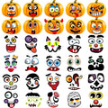Collection of Halloween pumpkin decorating stickers with various cartoon faces and accessories on a white background.