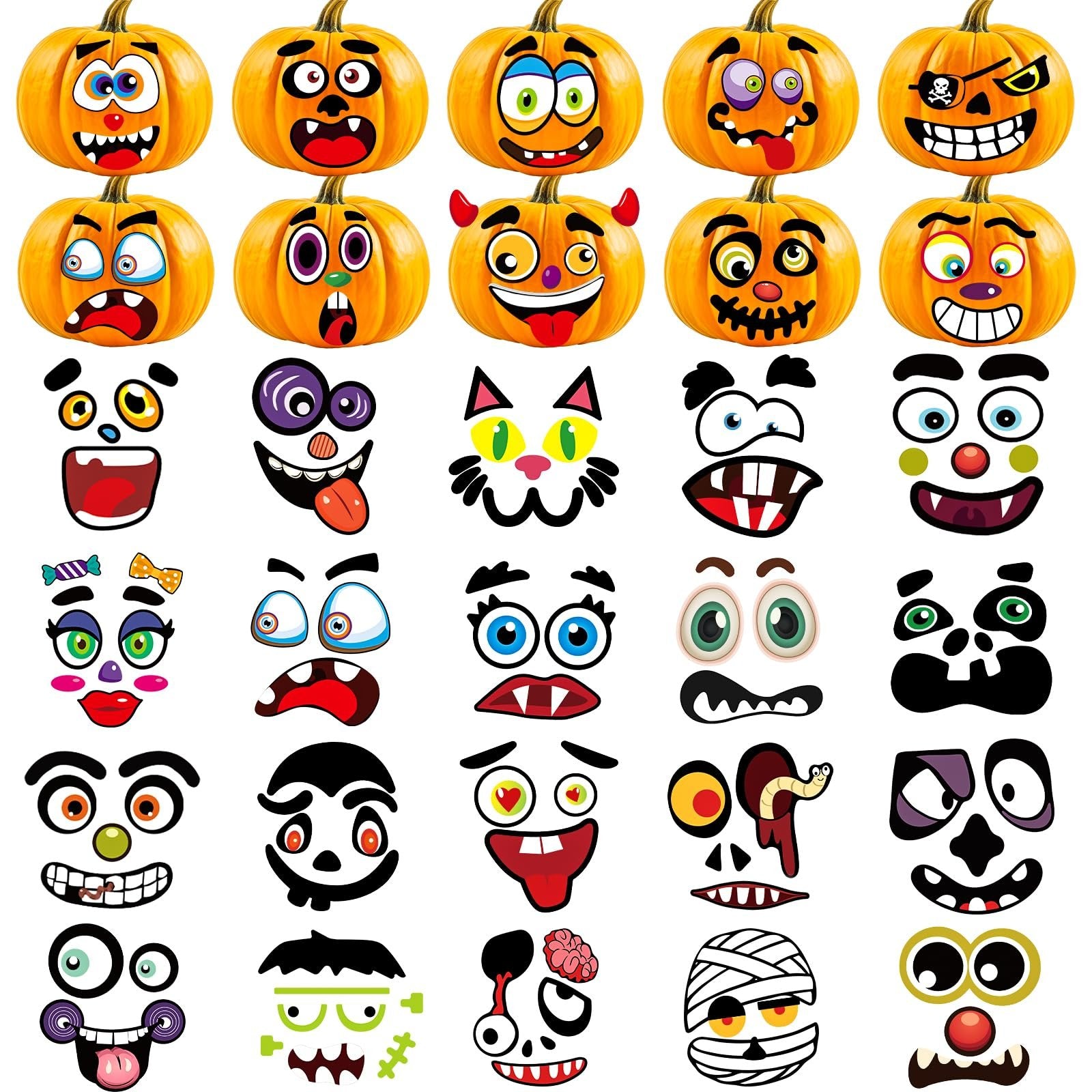 Collection of Halloween pumpkin decorating stickers with various cartoon faces and accessories on a white background.