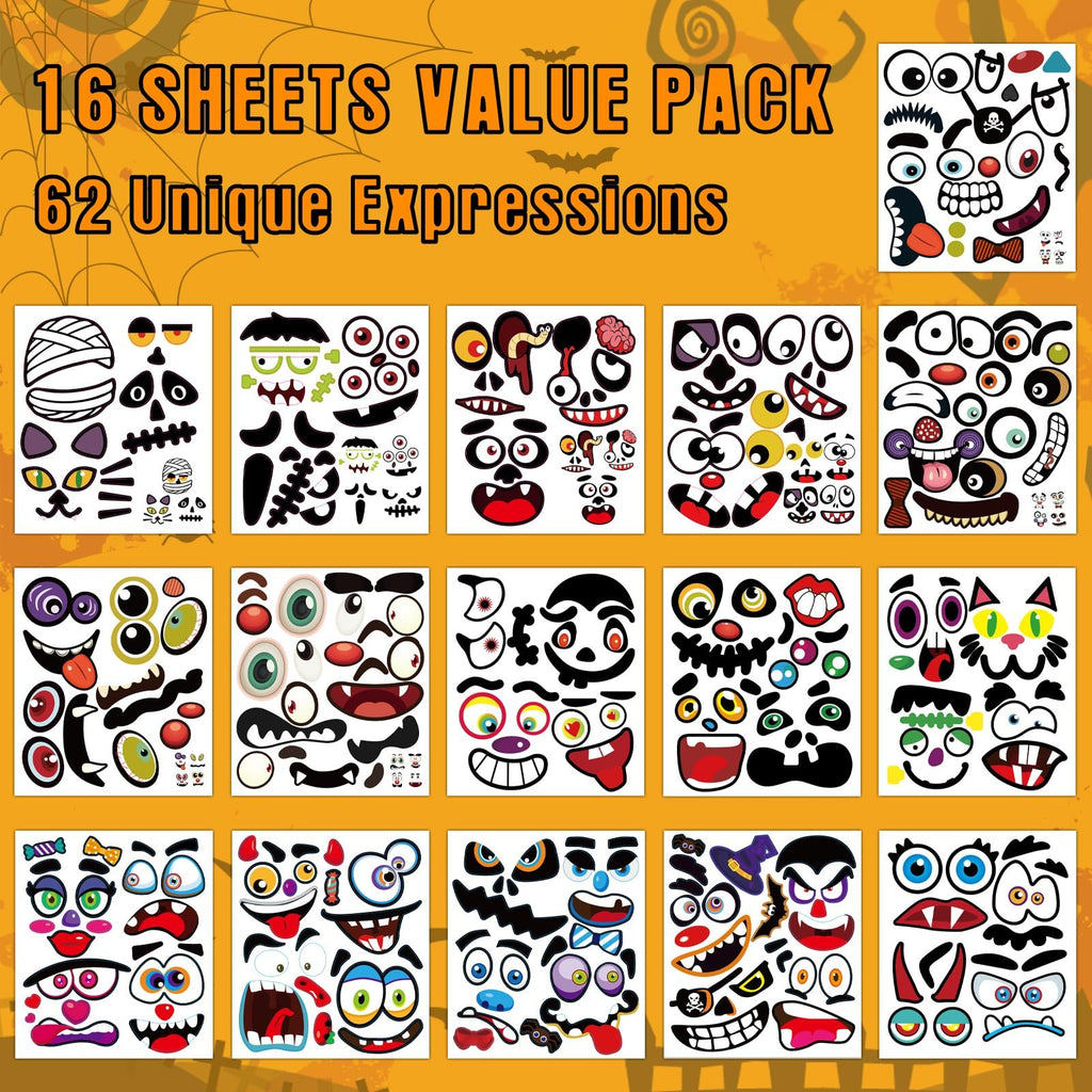 Halloween pumpkin decorating stickers with 62 unique expressions on 16 sheets, featuring eyes, mouths, and accessories.