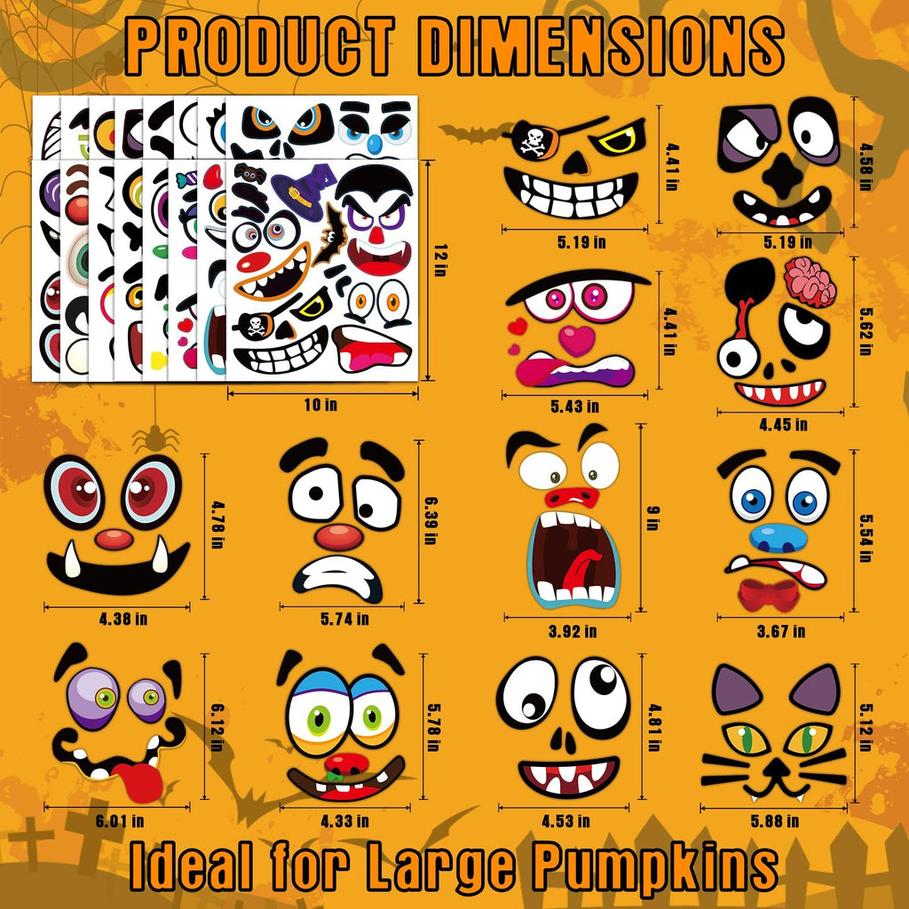 Halloween pumpkin decorating stickers with various eyes, mouths, and accessories, shown with dimensions and packaging.