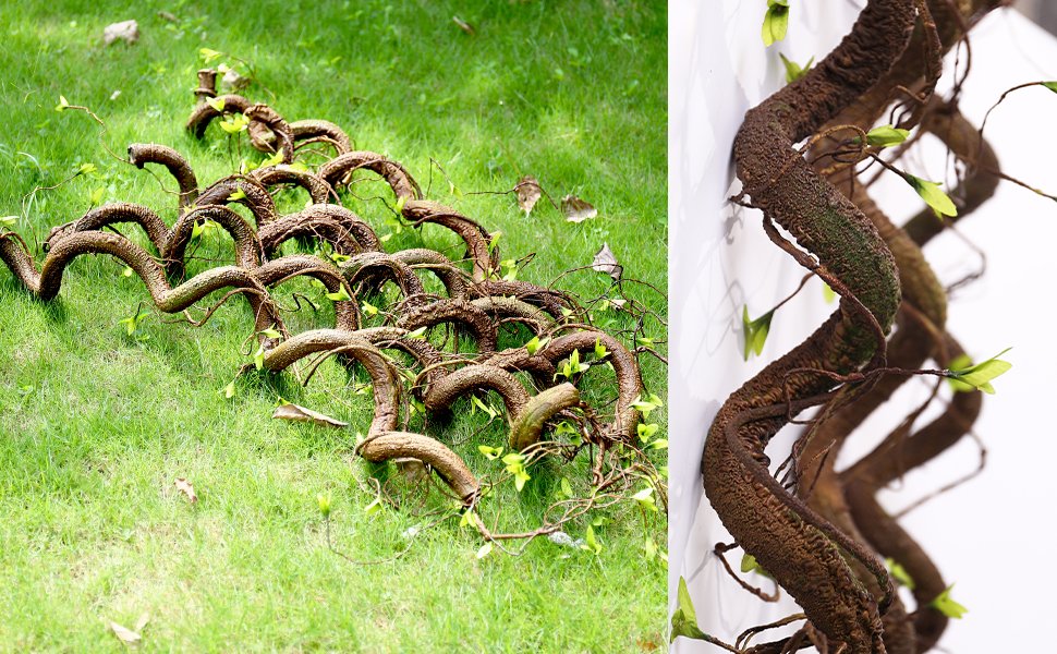 Artificial tree vine garland with green shoots laid on grass and a close-up view of the twisted vine