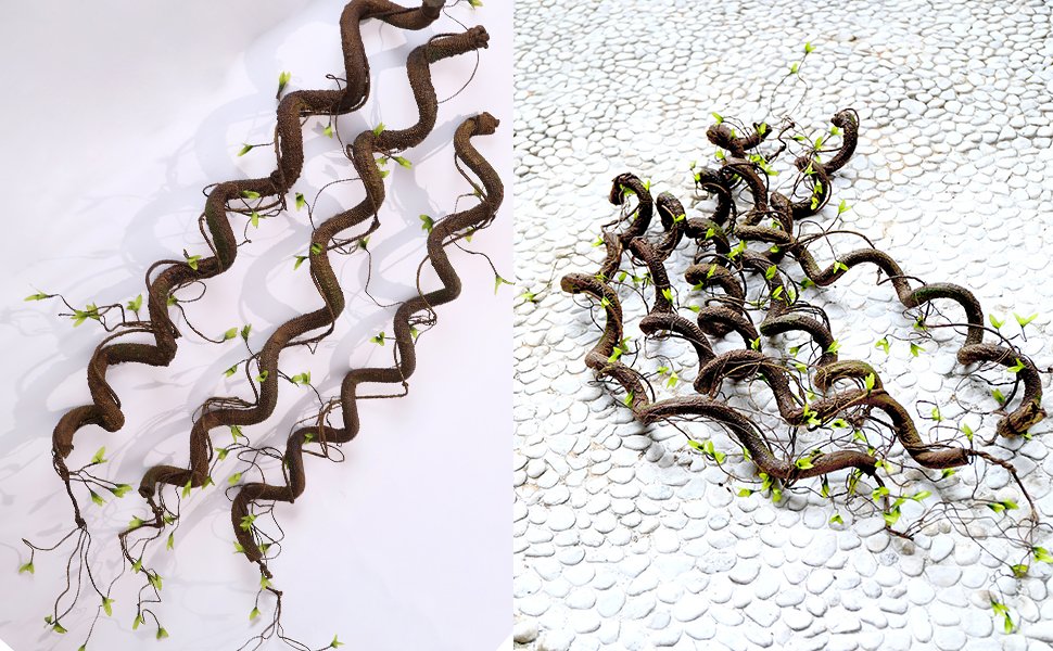 Two artificial tree vines with green shoots, one on a white background and the other on a pebble-textured surface.