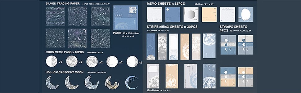 Collage of various moon-themed journaling and craft papers, including silver tracing paper, memo sheets, stripe sheets, and stamp sheets.
