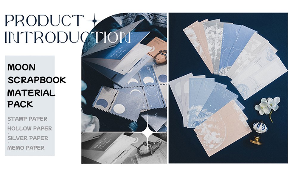 Collage of moon-themed scrapbook paper sheets and decorative elements, including stamp paper and memo paper.