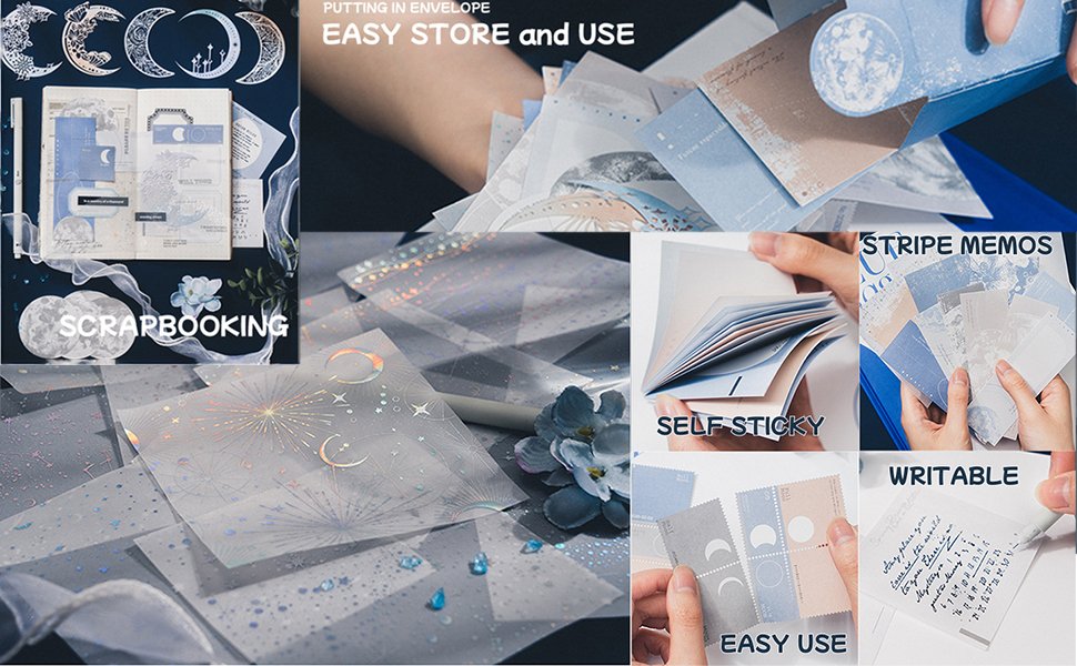 Collage of moon embellishment scrapbook paper sheets and stickers in various designs and textures.