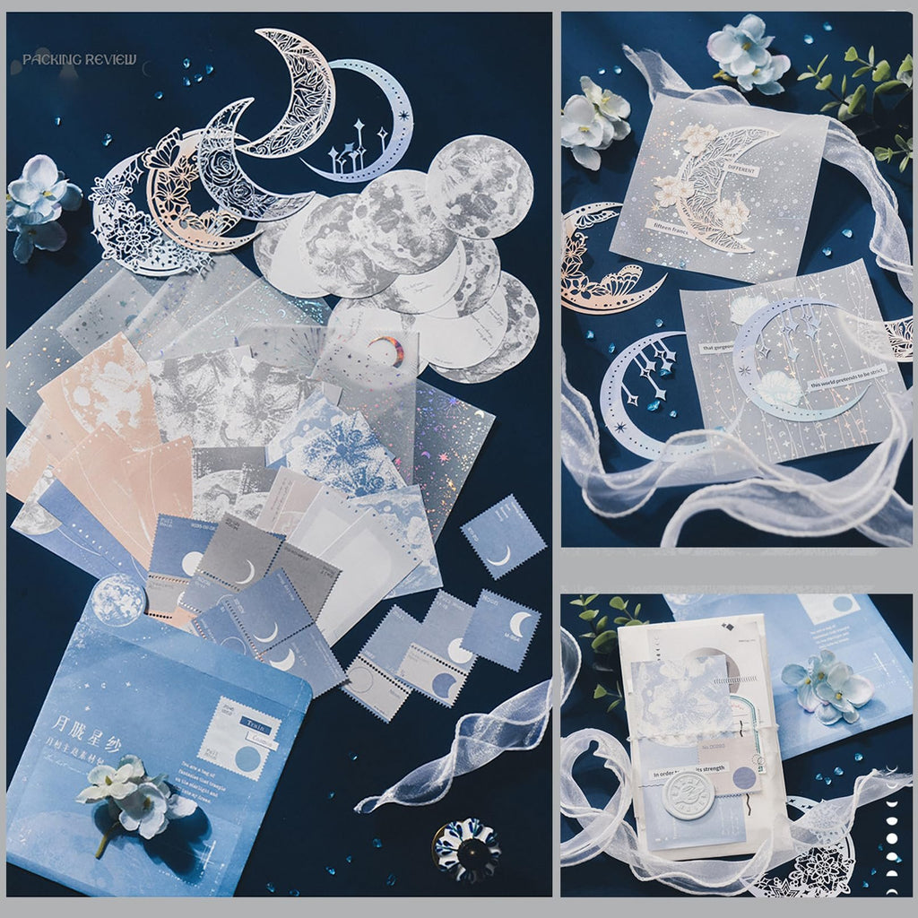 Collage of moon embellishment scrapbook paper and journaling supplies with decorative ribbons and flowers.