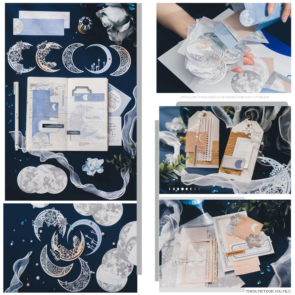 Collage of vintage-style moon embellishment scrapbook paper and journaling supplies, including decorative cutouts, stickers, and paper tags.