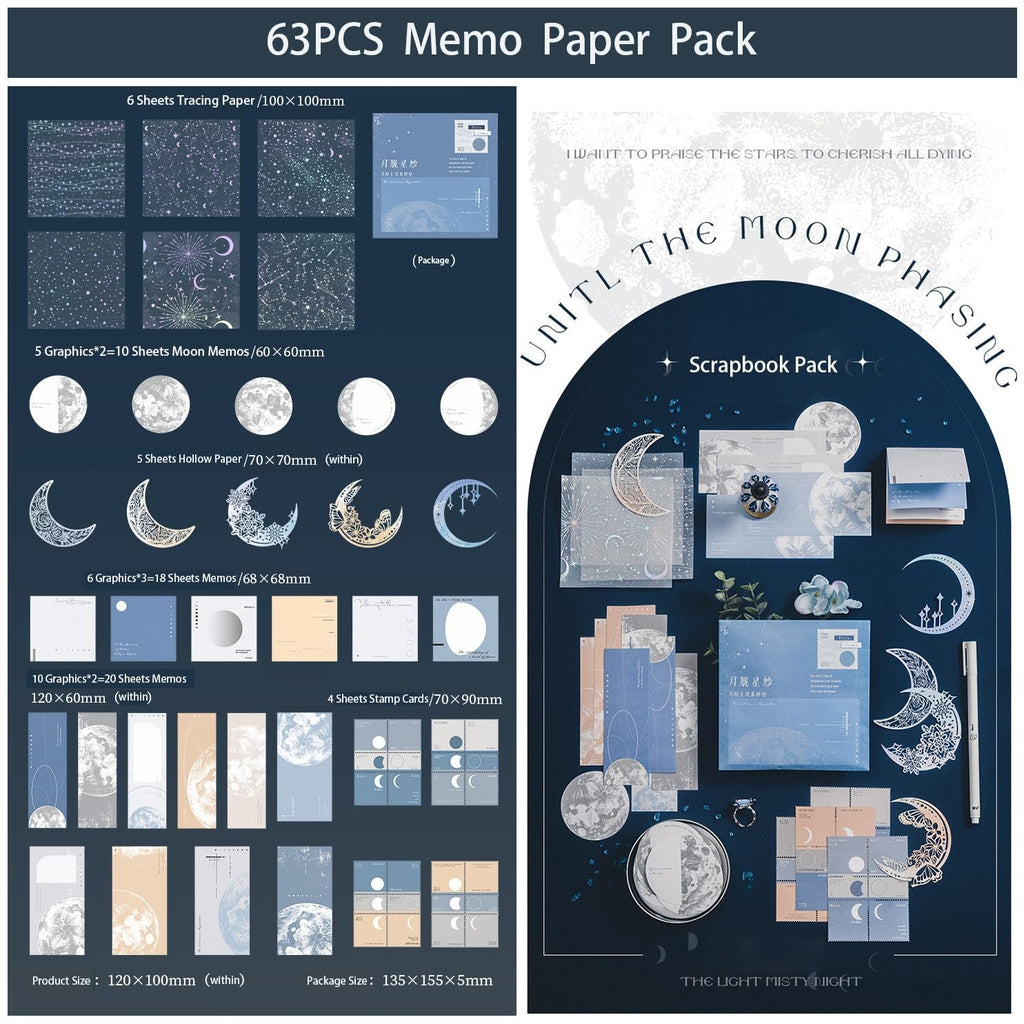 Scrapbook paper pack with moon and star designs, including tracing paper, memos, hollow paper, and stamp cards.