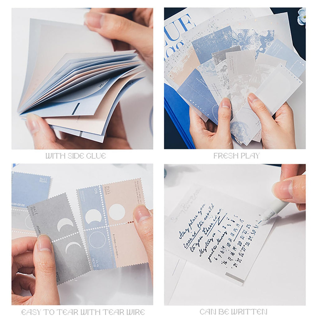 Collage of four images showing vintage-style moon embellishment scrapbook paper for journaling and crafts.