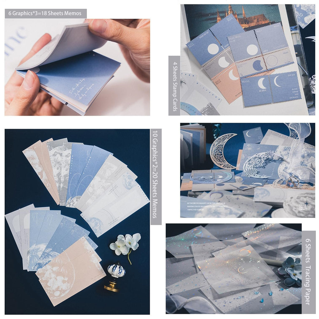 Collage of scrapbook paper and embellishments with moon and celestial themes.