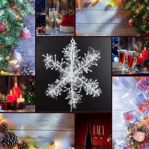 Collage of Christmas holiday scenes featuring snowflake ornaments, decorated trees, champagne, and gifts.