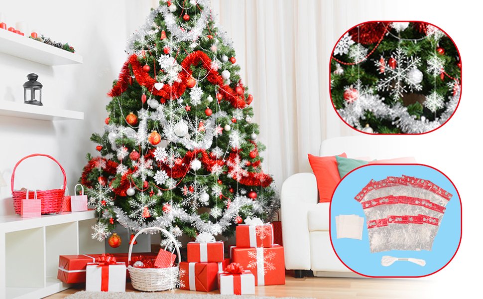 Decorated Christmas tree with red and silver ornaments, surrounded by gifts and baskets. Inset images show close-up of tree decorations and ornament packaging with string and tape.