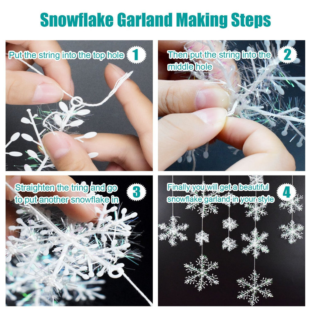 Four-panel image showing steps to make a snowflake garland. Close-ups of hands threading string through snowflakes, and a final shot of completed garlands.