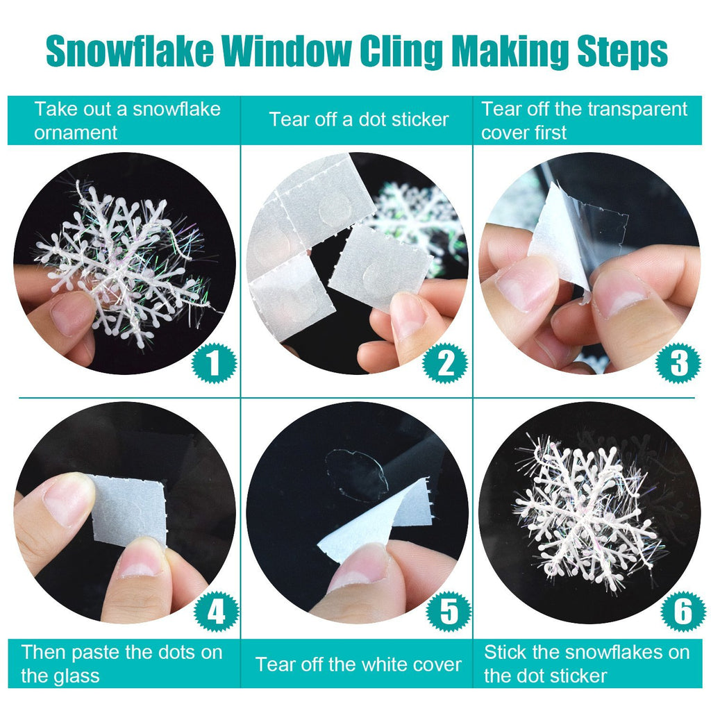 Six-step guide showing how to apply snowflake window clings using double-sided tape dots.