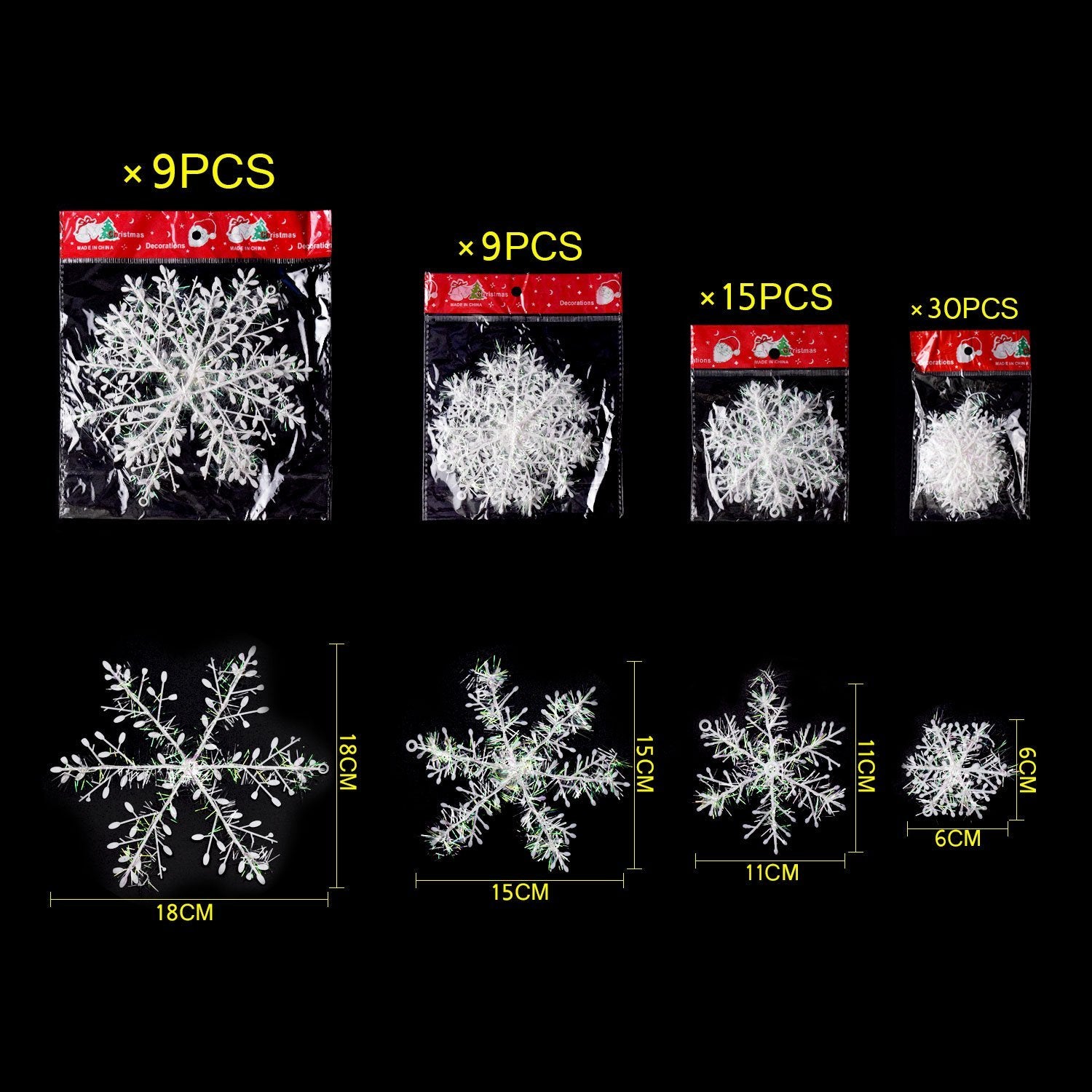 White glitter snowflake ornaments in four sizes, shown in packaging and individually with dimensions.