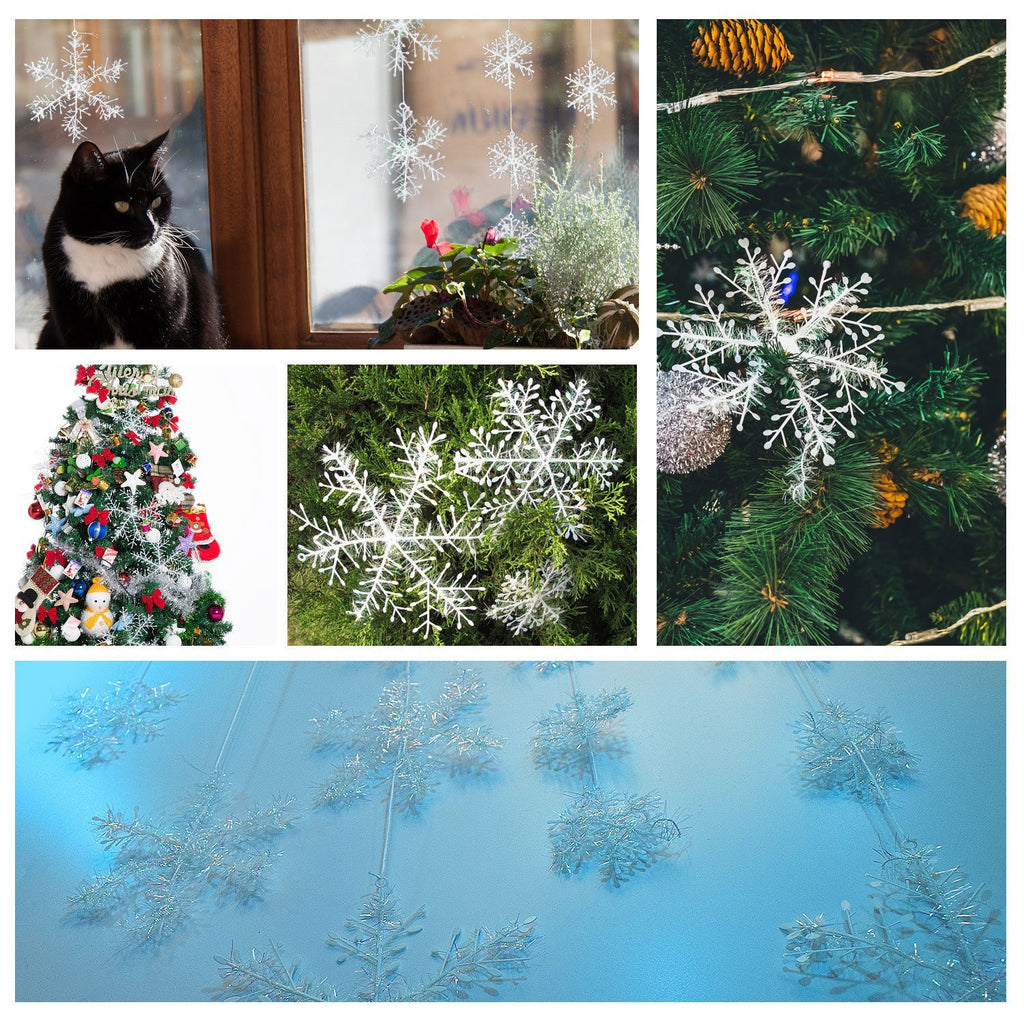 Collage of white snowflake ornaments, including a black cat looking out a window, a decorated Christmas tree, and snowflakes on evergreen branches.