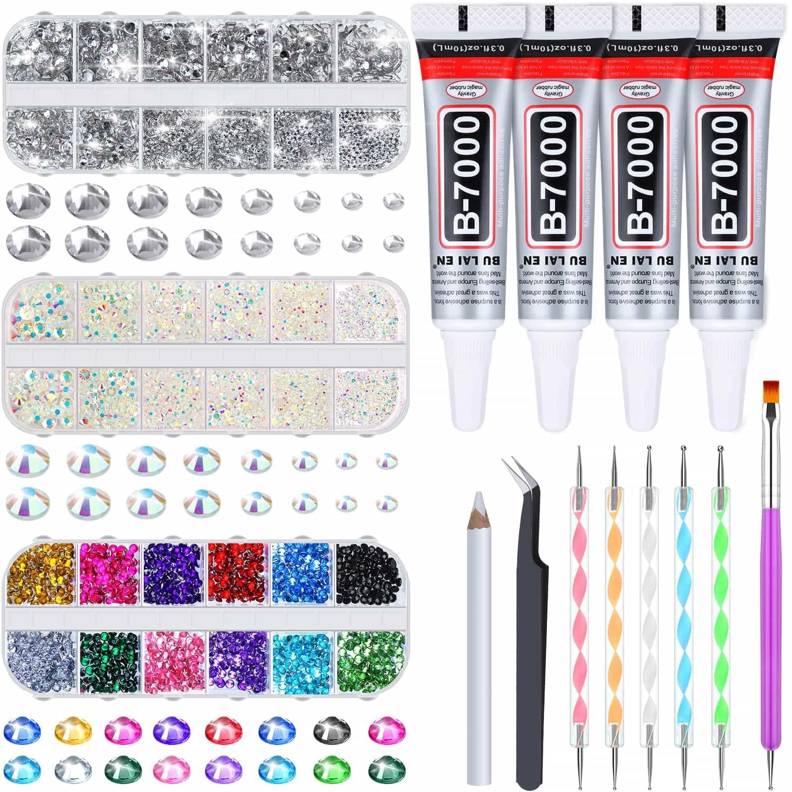 Kit of rhinestones, large gems, and four tubes of B-7000 adhesive glue, with dotting tools, tweezers, and a brush, laid out on a white background.