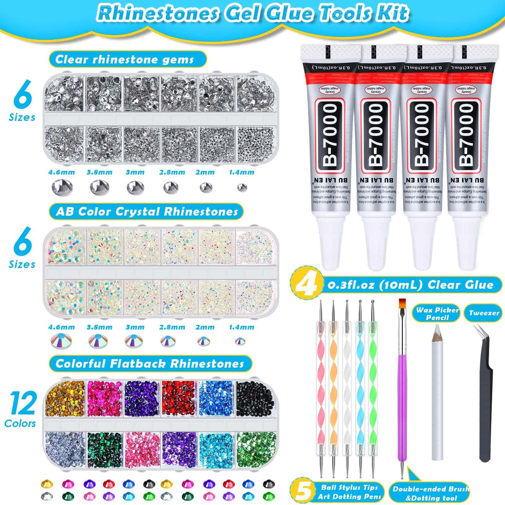 Rhinestone and B-7000 glue kit with multiple sizes of clear, AB color, and colorful flatback rhinestones, four tubes of glue, dotting pens, a brush, wax picker pencil, and tweezers.