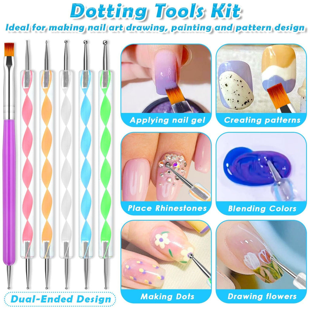 Nail art dotting tools kit with brushes and dotting pens, showing applications like applying gel, creating patterns, placing rhinestones, blending colors, making dots, and drawing flowers.