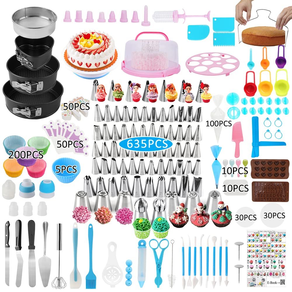 Overhead view of a large cake decorating kit with numerous tools, piping tips, pans, and decorative elements.