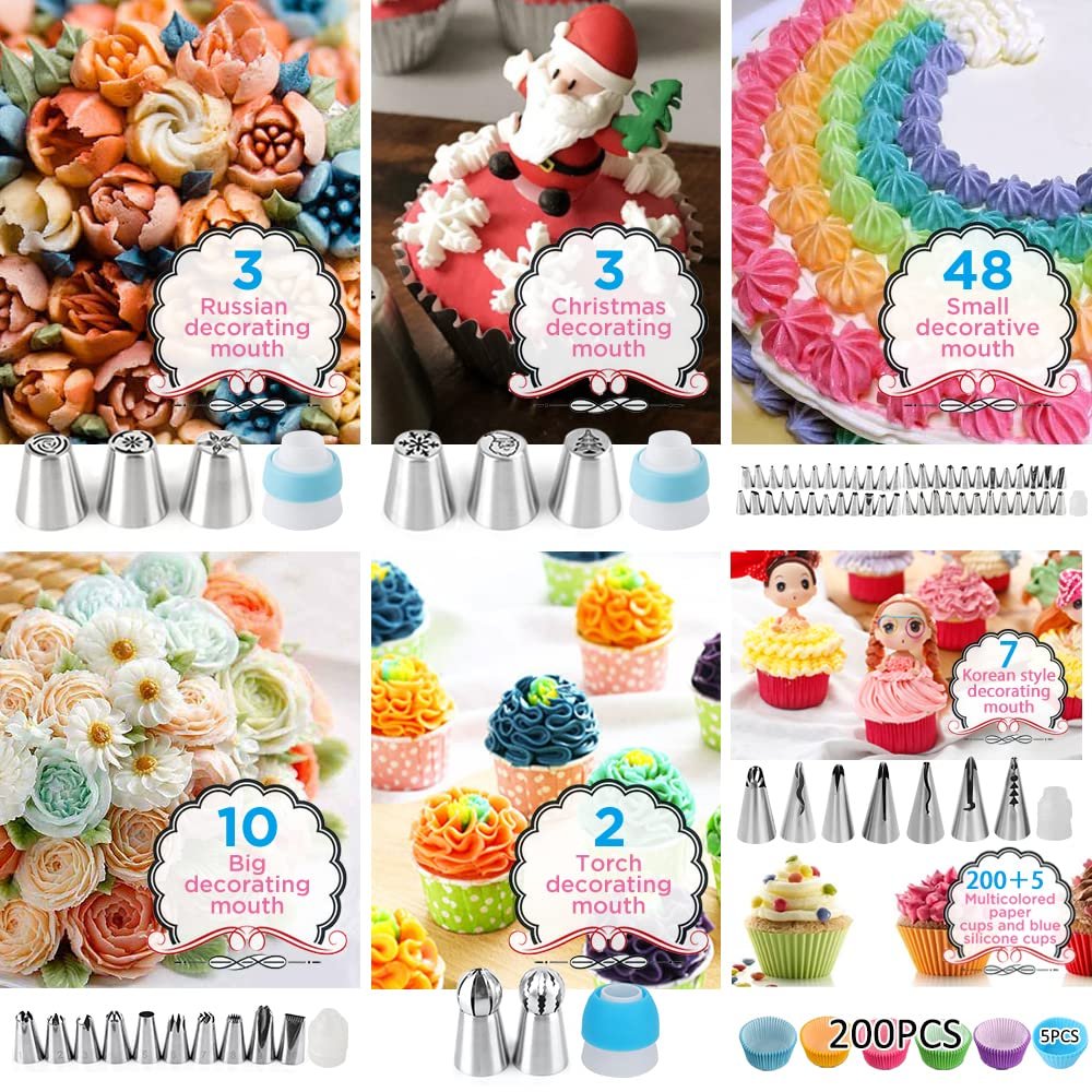 Collage of cake decorating supplies and examples, including piping tips, Russian decorating mouths, and decorated cupcakes.