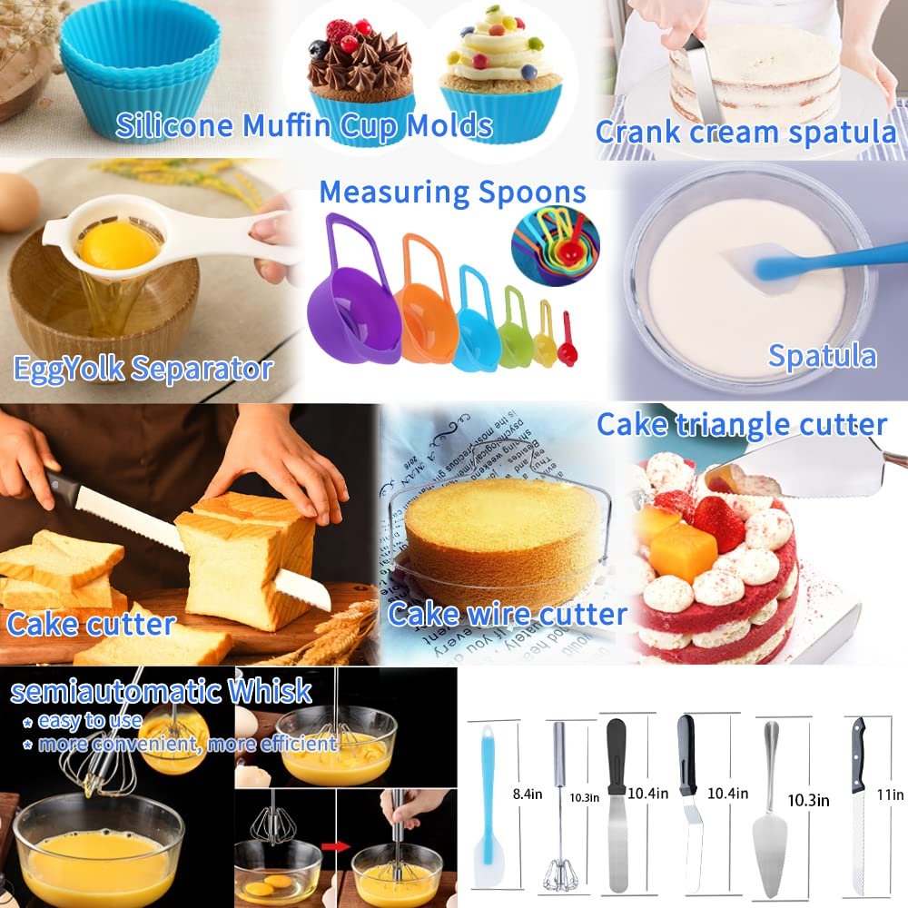 Collage of cake decorating tools including silicone molds, measuring spoons, spatulas, cutters, and whisks.