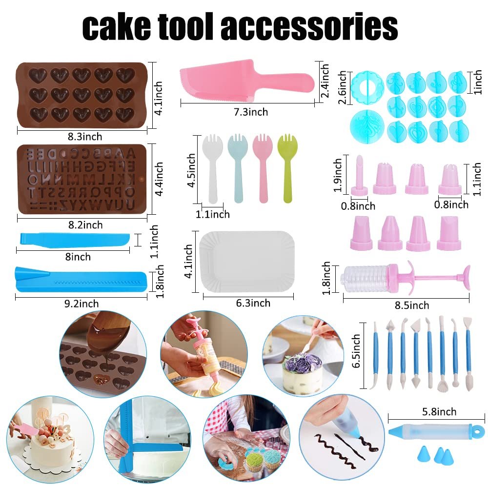 Collage of cake decorating tools including molds, piping tips, spatulas, and small forks, with lifestyle shots of cake decorating.