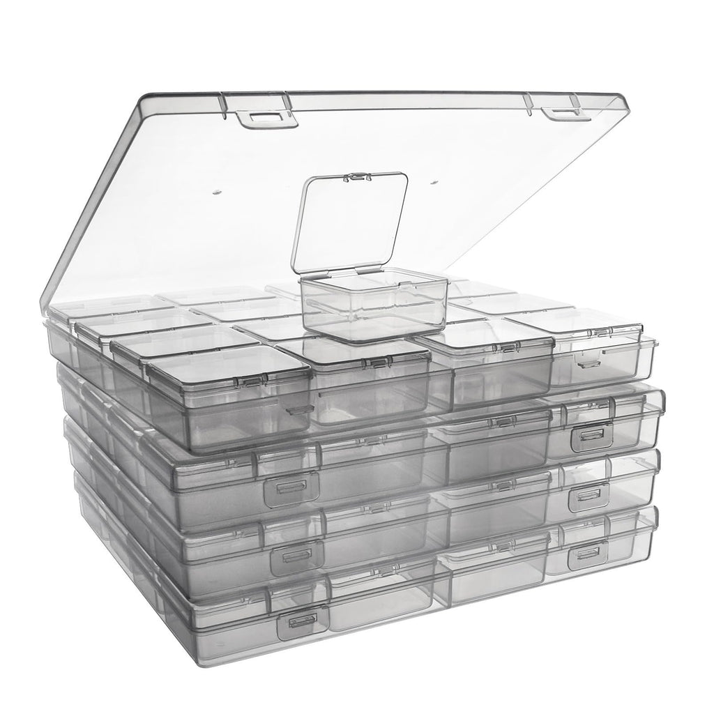Stack of clear plastic bead organizer boxes with hinged lids, one box open on top.