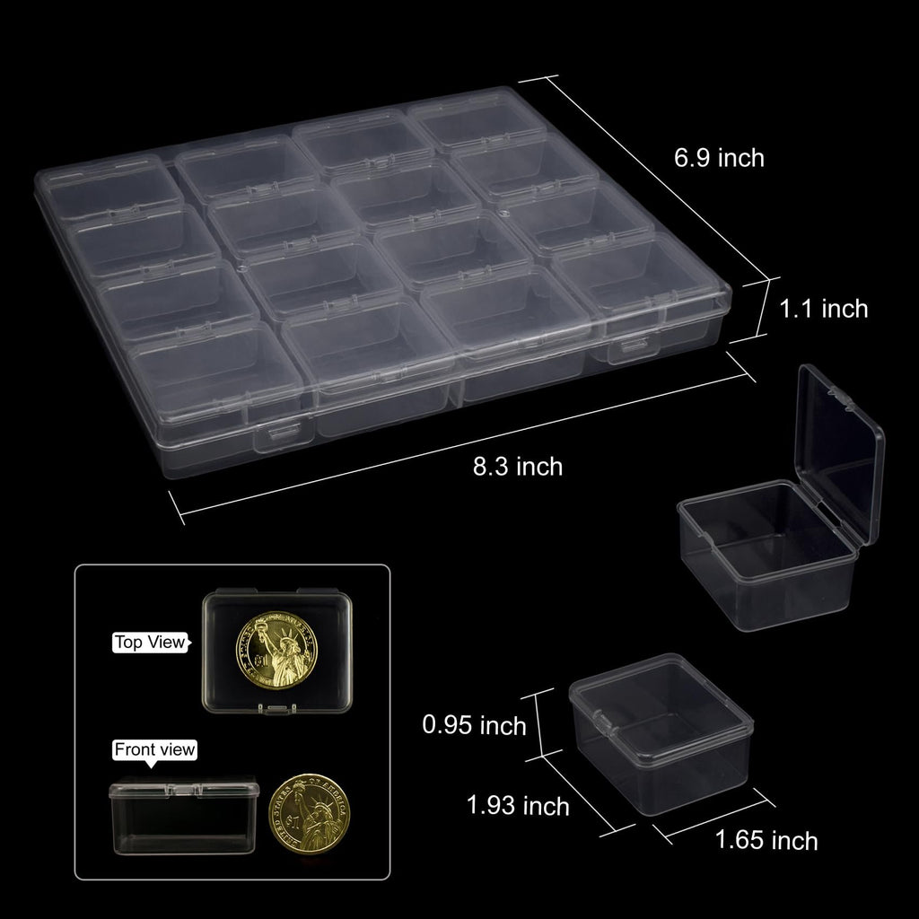 Clear plastic bead organizer boxes with hinged lids shown from multiple angles with dimensions and a coin for scale.