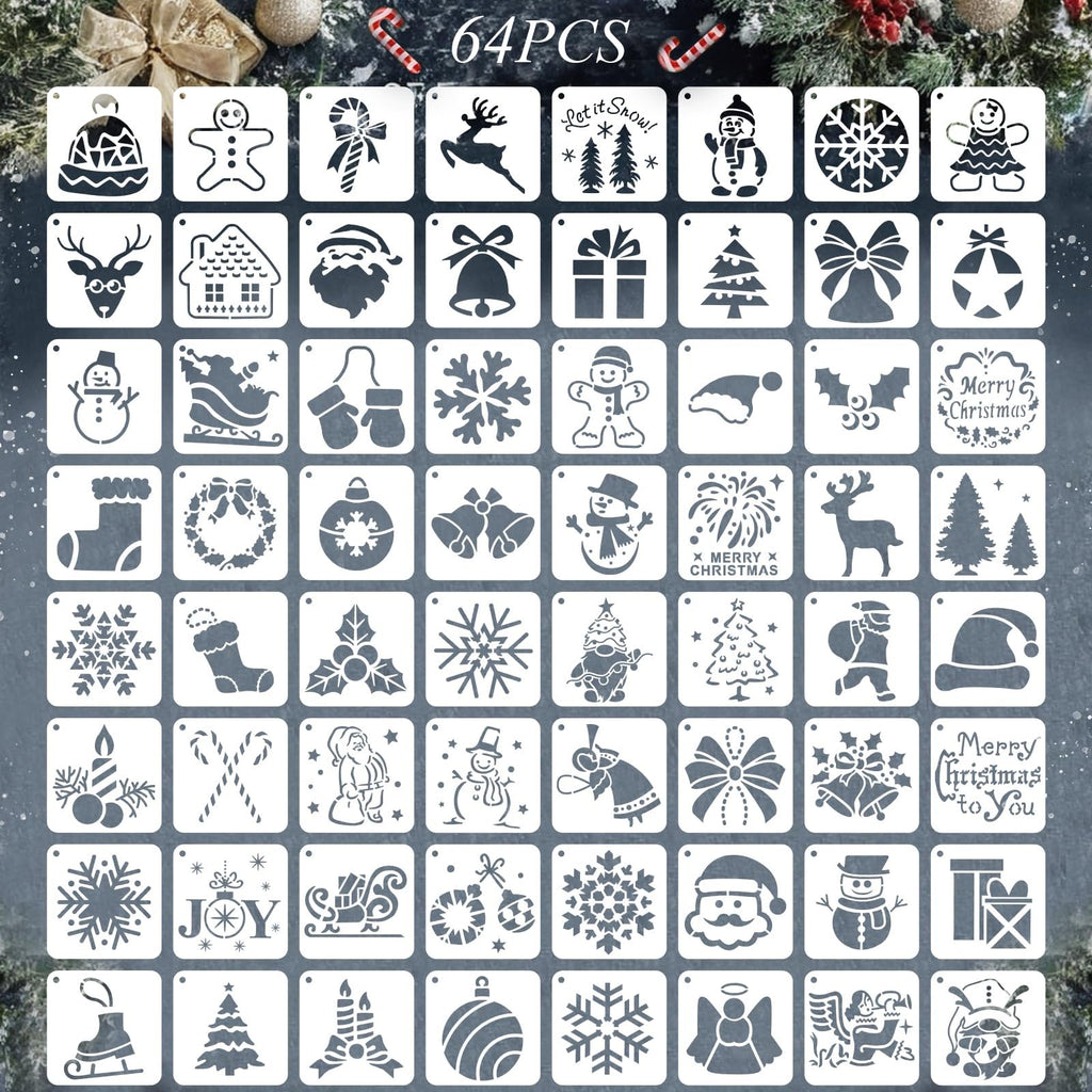 Grid of 64 Christmas-themed stencils for painting, featuring snowflakes, Santa, snowmen, reindeer, trees, and gifts.