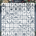 Grid of 64 Christmas-themed stencils for painting, featuring snowflakes, Santa, snowmen, reindeer, trees, and gifts.