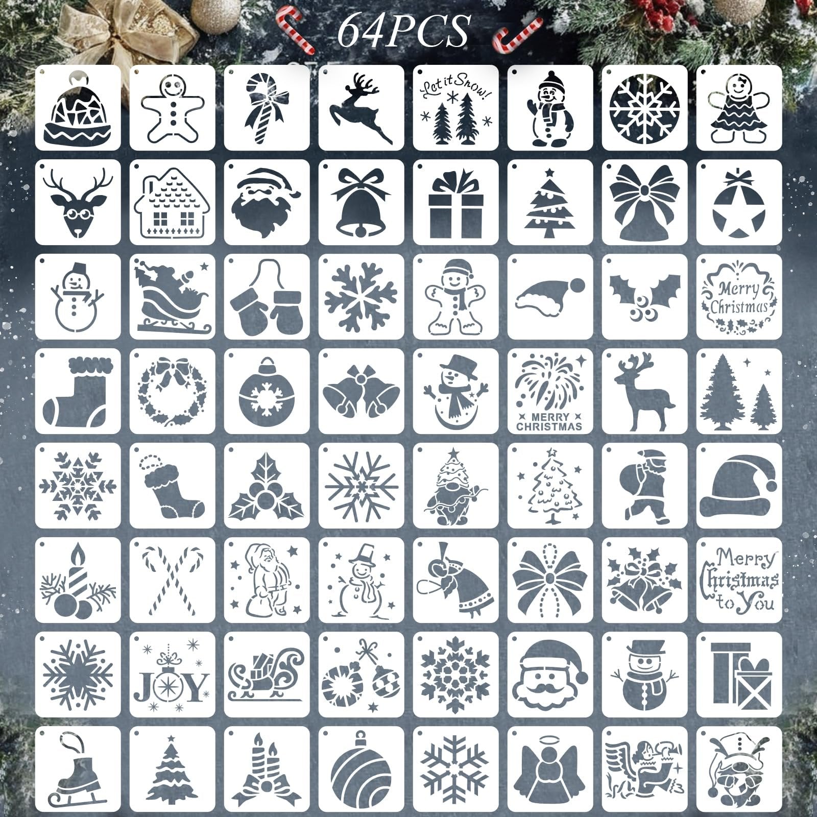Grid of 64 Christmas-themed stencils for painting, featuring snowflakes, Santa, snowmen, reindeer, trees, and gifts.