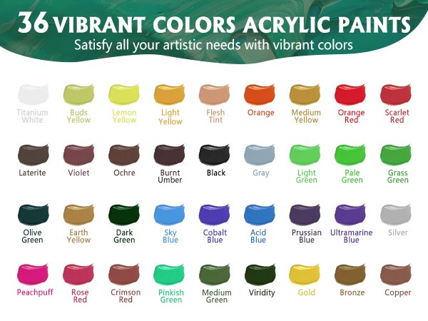 Swatches of 36 vibrant acrylic paint colors with names like Titanium White, Lemon Yellow, and Scarlet Red.