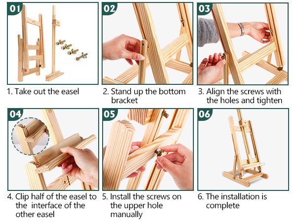 Collage of six images showing step-by-step assembly instructions for a wooden easel.