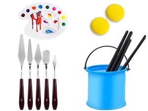 Acrylic painting set contents including a palette with paint, palette knives, brushes in a bucket, and two yellow sponges.