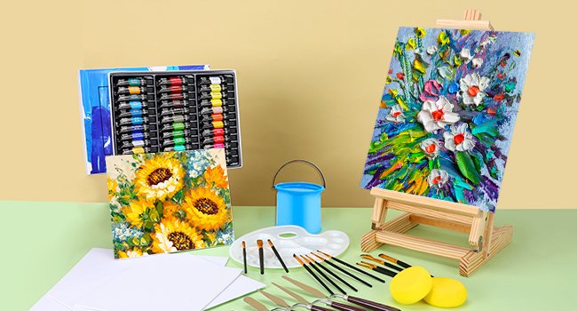 Acrylic painting set contents including paint tubes, brushes, easel, canvases, palette, knives, cup, and sponges.