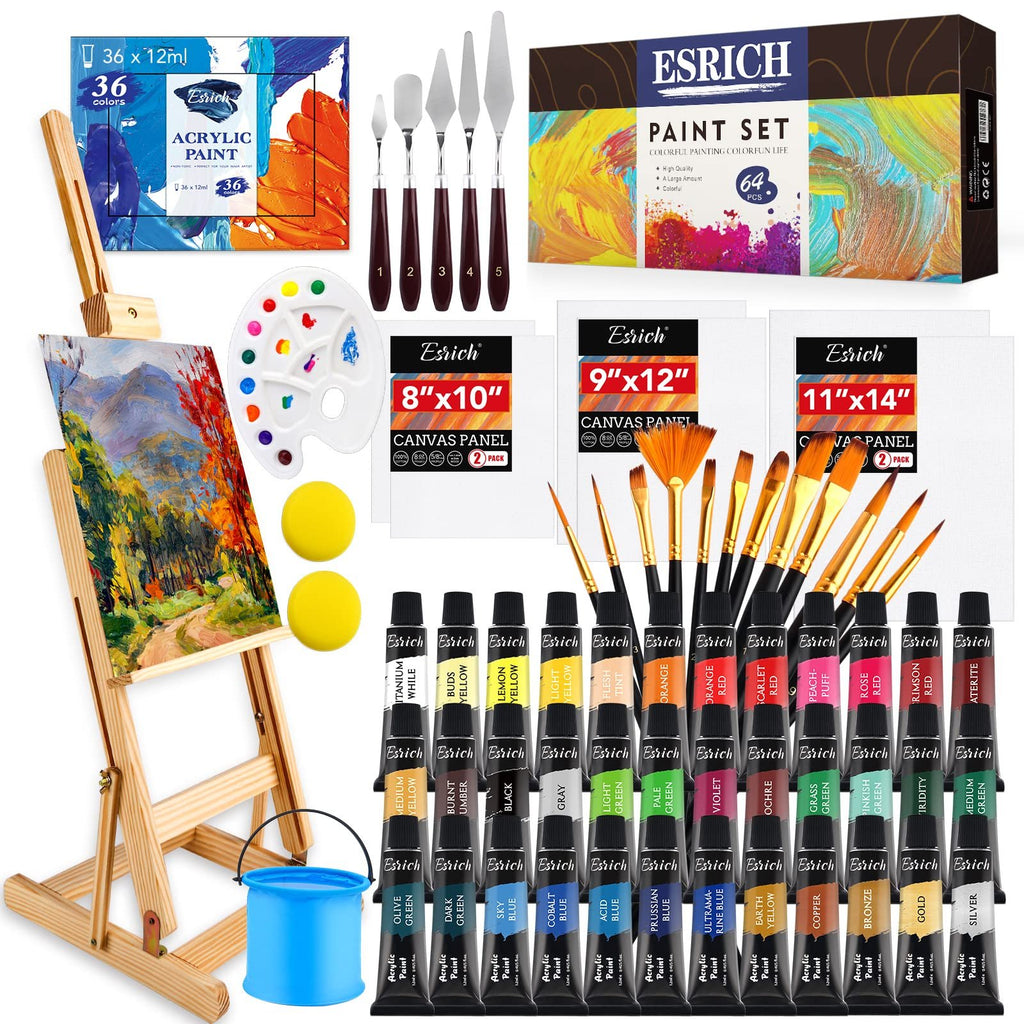Full overhead view of a 64-piece acrylic paint set including 36 paint tubes, brushes, easel, canvases, palette, knives, cup, sponges, and gift box.