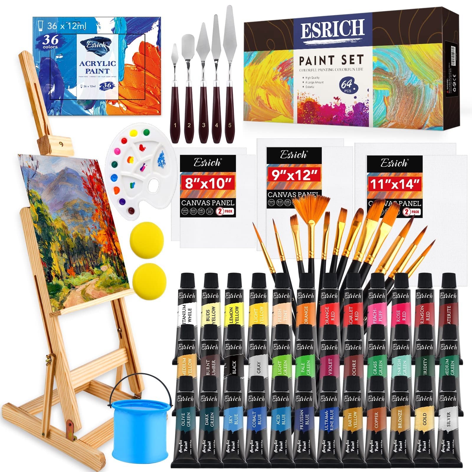 Full overhead view of a 64-piece acrylic paint set including 36 paint tubes, brushes, easel, canvases, palette, knives, cup, sponges, and gift box.
