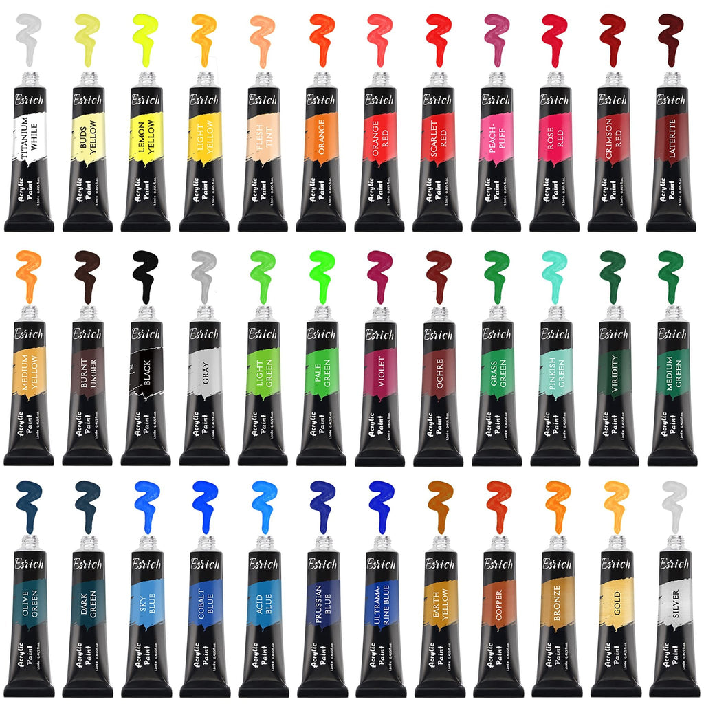 Collection of 36 acrylic paint tubes with color swatches above each tube, arranged in rows on a white background.
