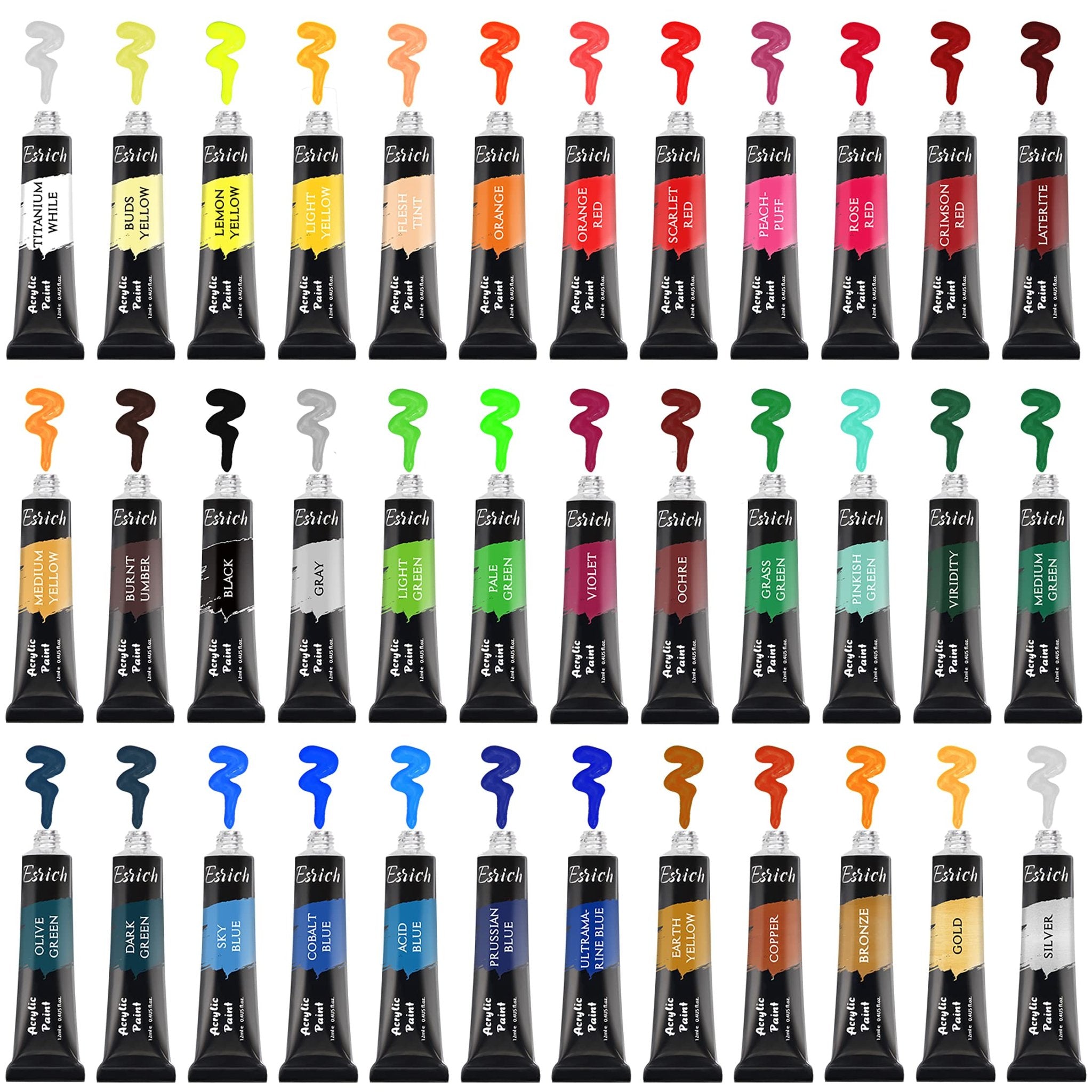 Collection of 36 acrylic paint tubes with color swatches above each tube, arranged in rows on a white background.