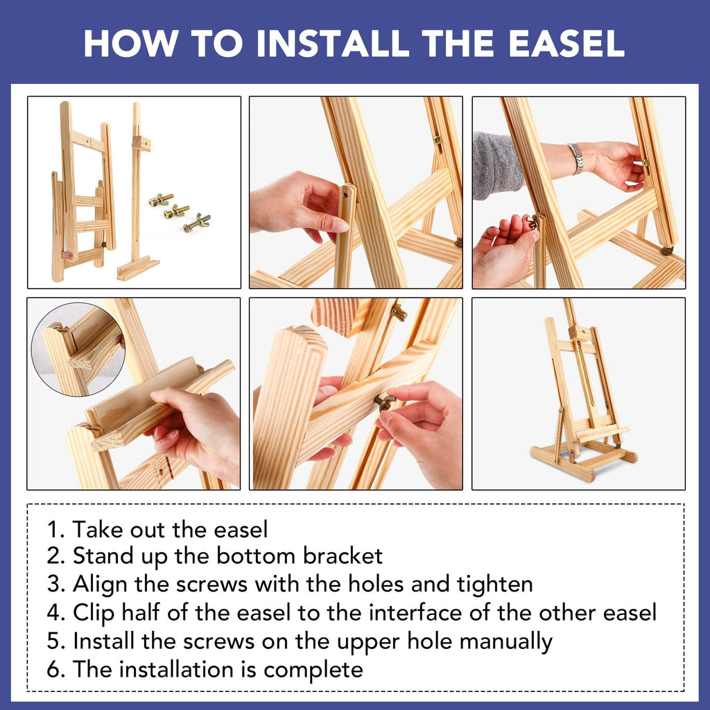 Collage showing steps to assemble a wooden easel, with close-ups of hands and hardware, and a final assembled easel.