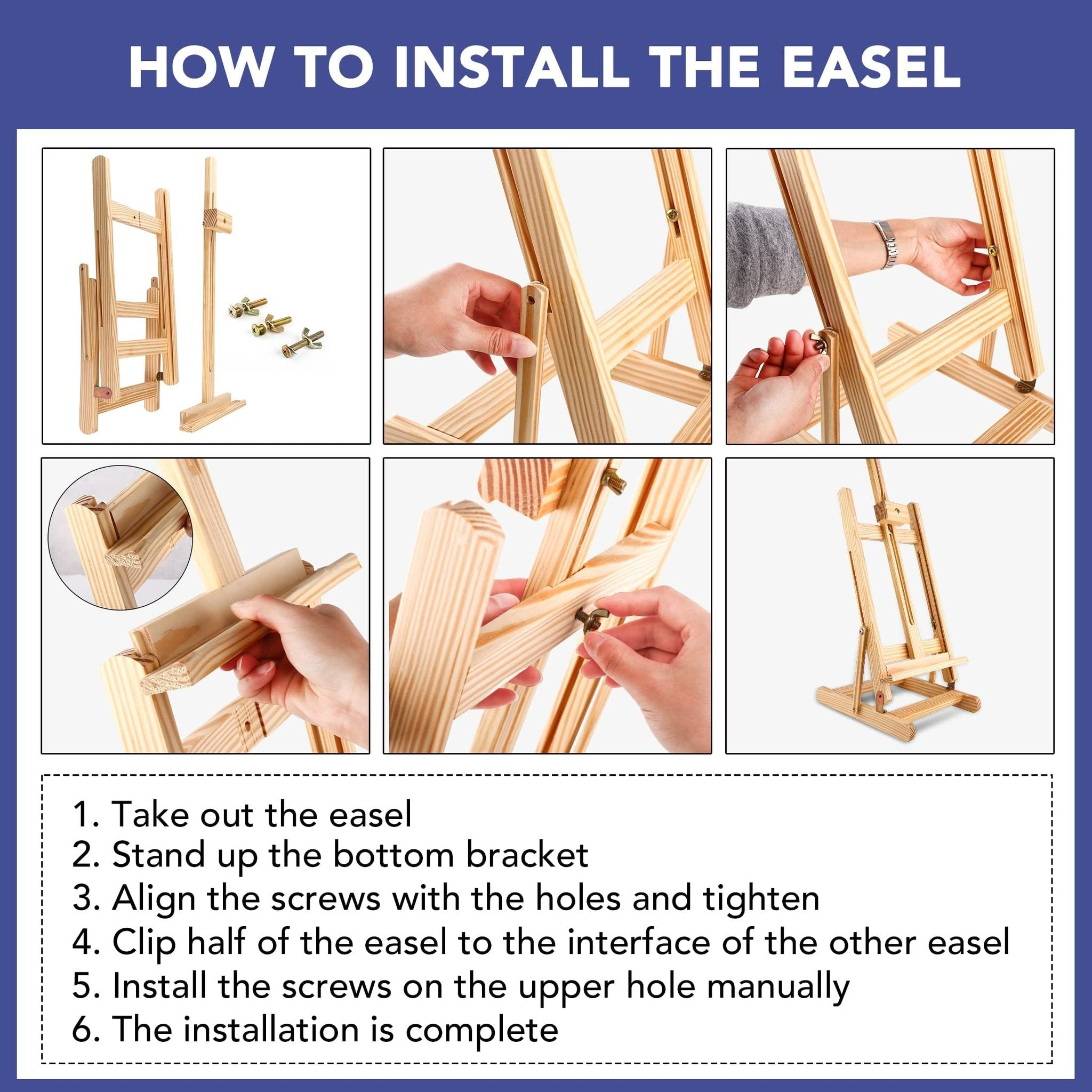 Collage showing steps to assemble a wooden easel, with close-ups of hands and hardware, and a final assembled easel.