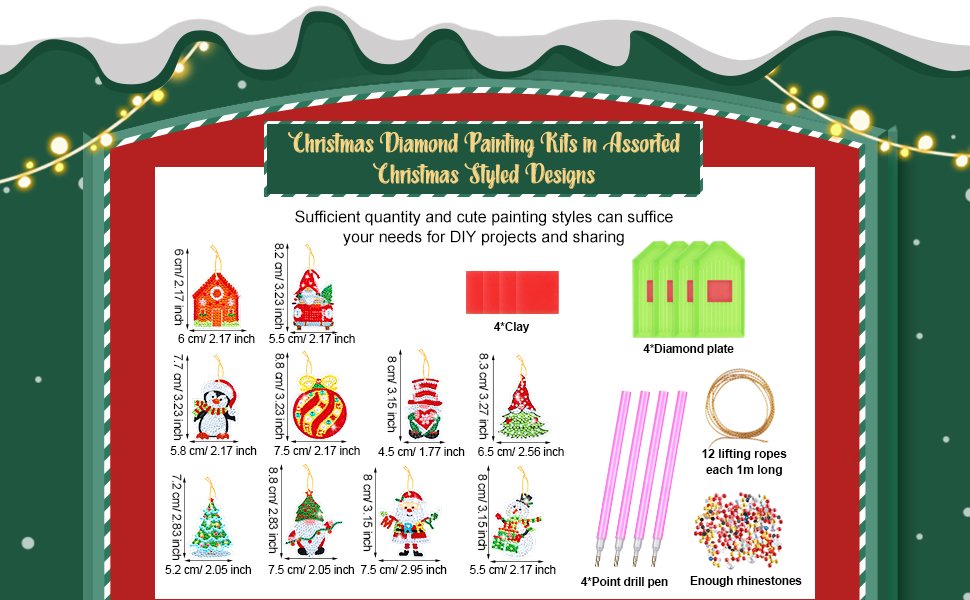 Diamond art Christmas ornament kit contents including various ornaments, clay, diamond plates, drill pens, ropes, and rhinestones.
