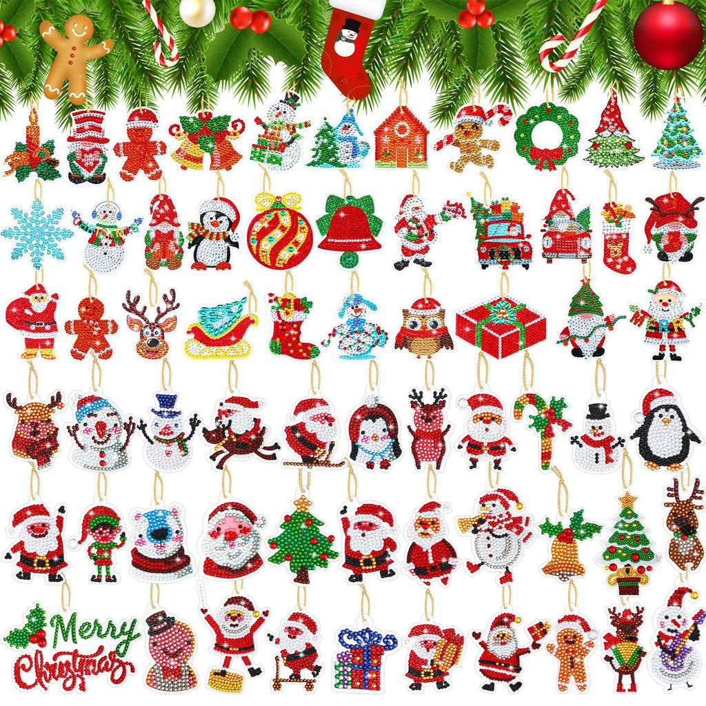 Diamond art Christmas ornaments including Santa, snowmen, penguins, reindeer, trees, and gingerbread men, with a 'Merry Christmas' banner.
