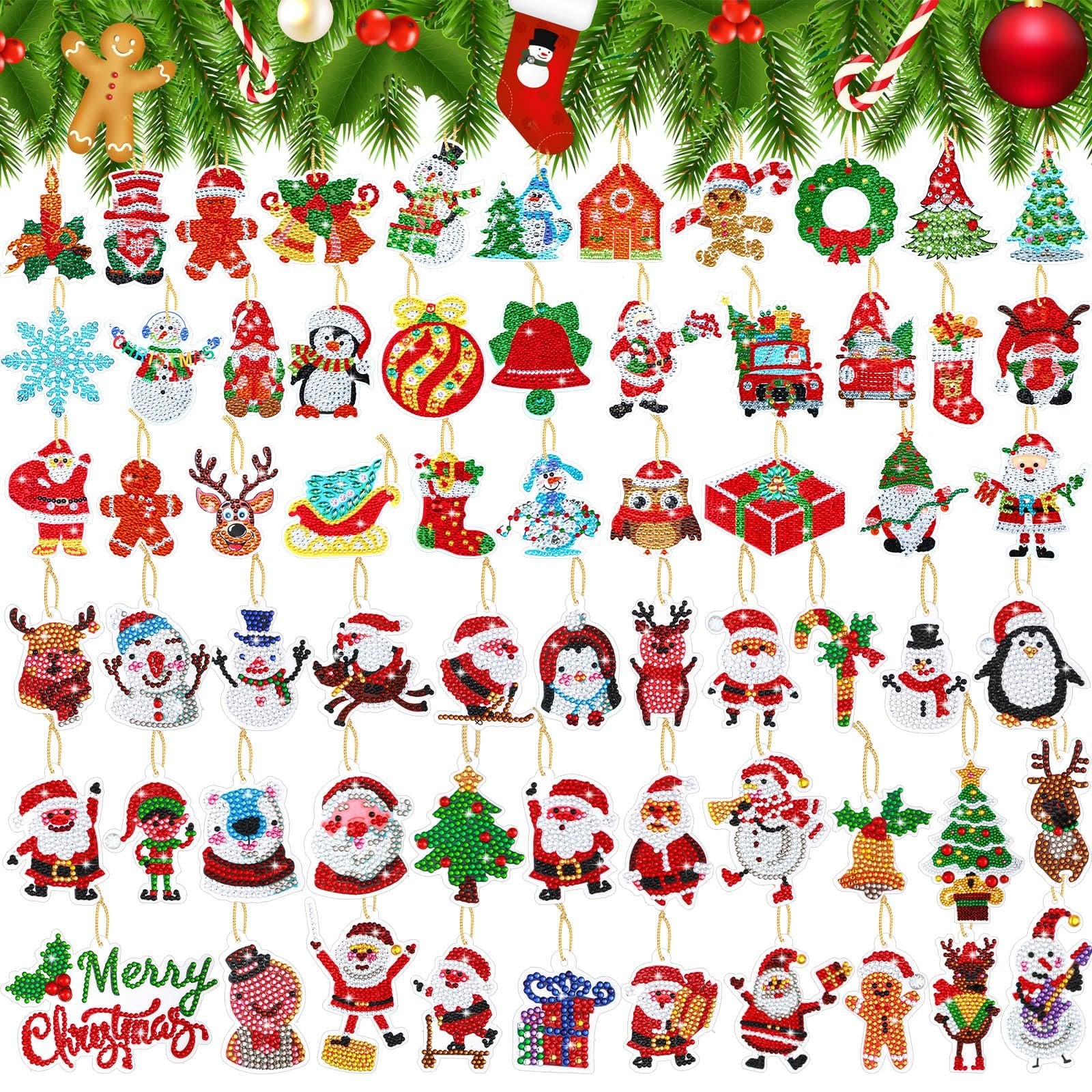 Diamond art Christmas ornaments including Santa, snowmen, penguins, reindeer, trees, and gingerbread men, with a 'Merry Christmas' banner.