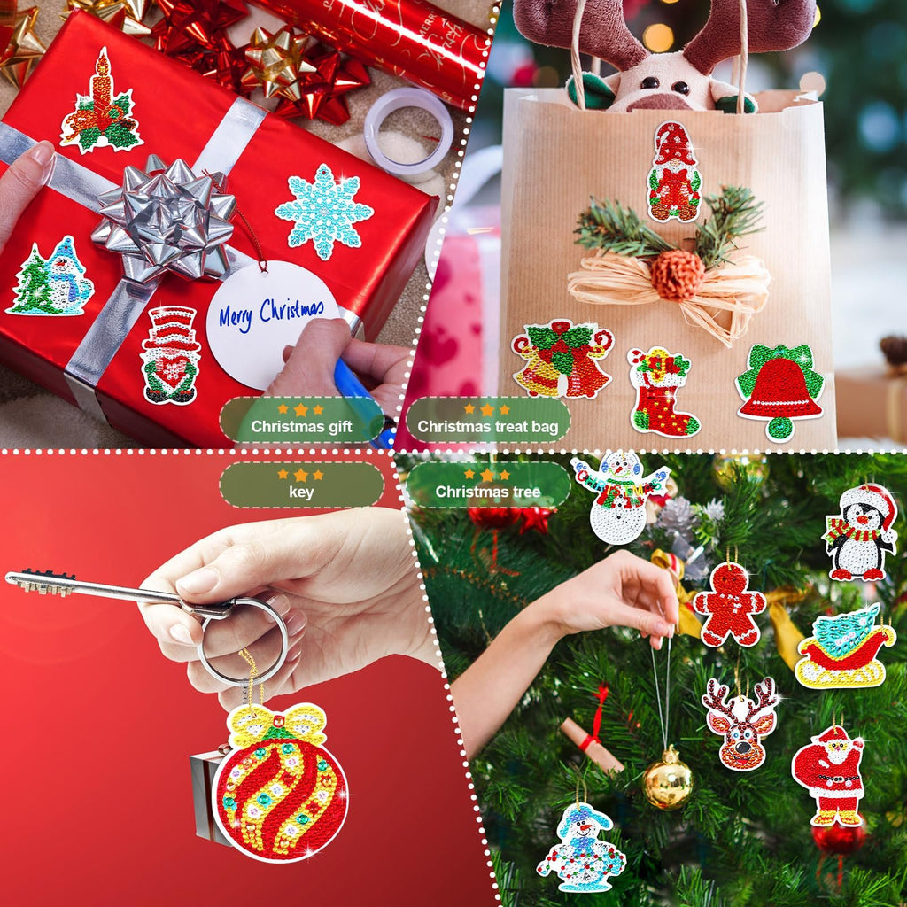 Collage of diamond art Christmas ornaments being used as gifts and decorations