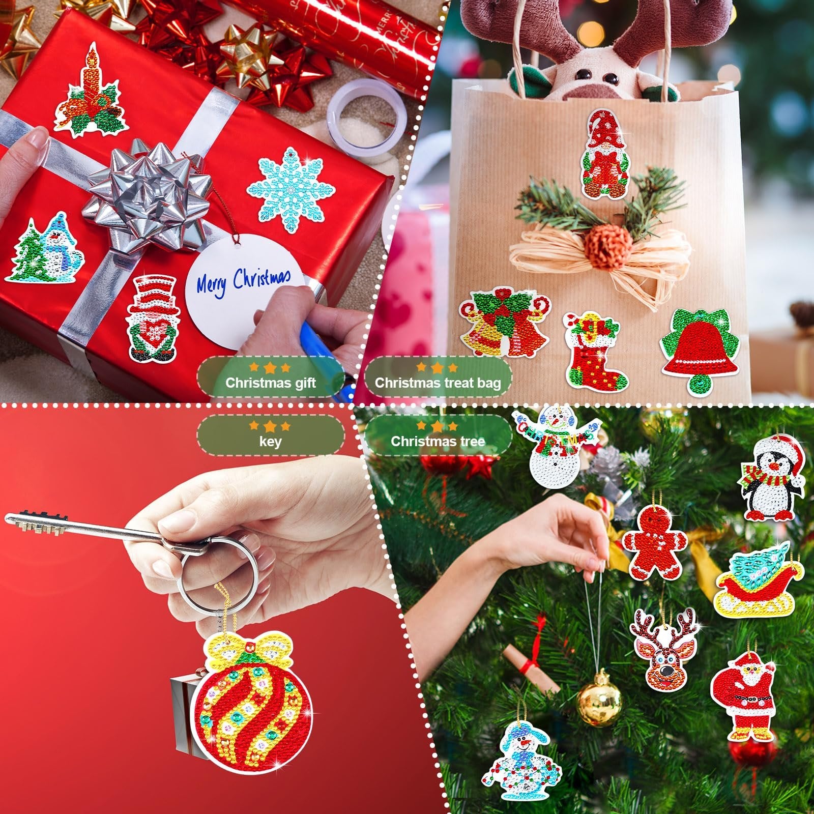 Collage of diamond art Christmas ornaments being used as gifts and decorations