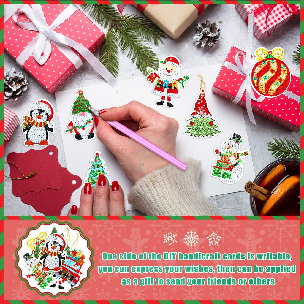 Diamond art Christmas ornaments being made by hand, with gifts and pinecones in background