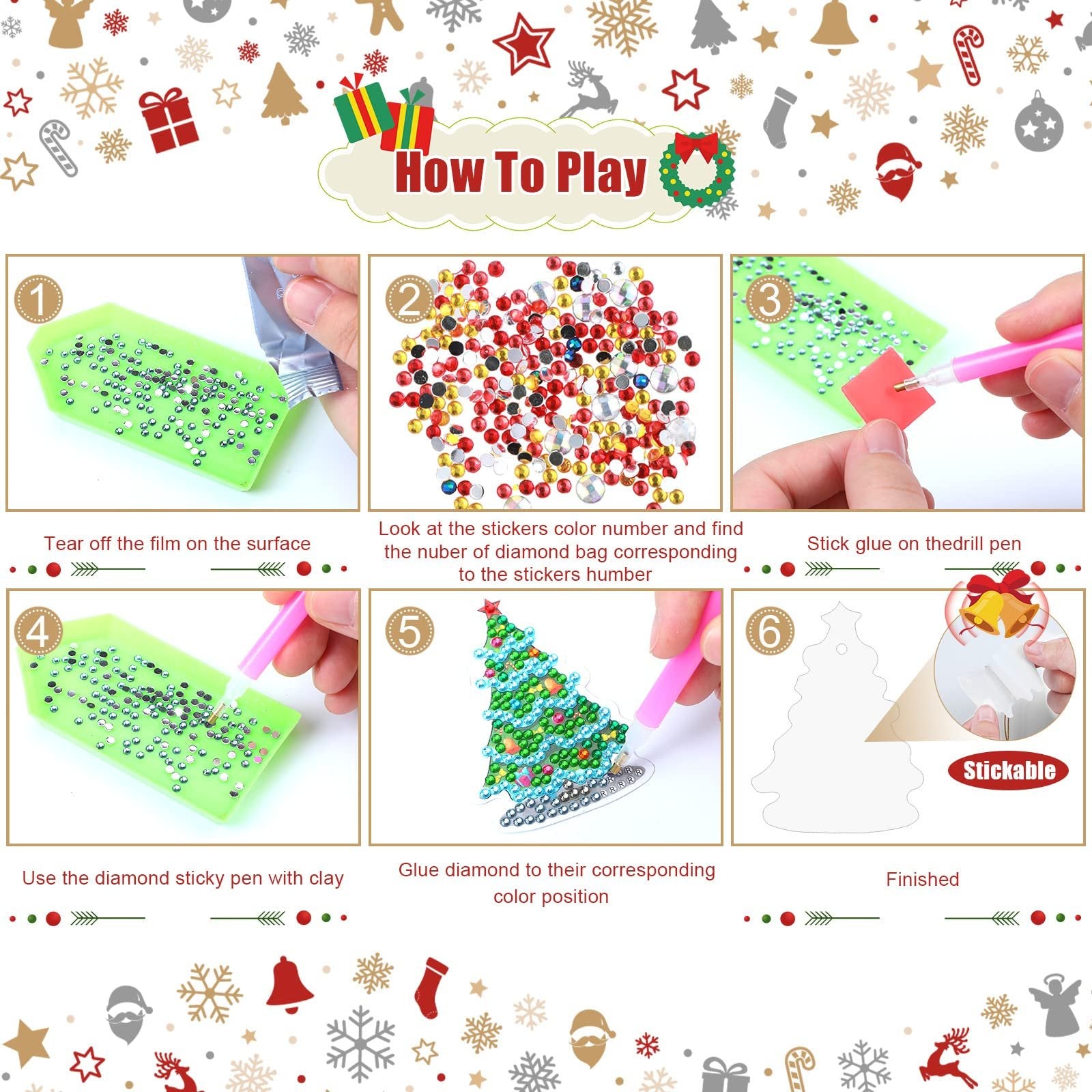 Diamond art Christmas ornament kit instructions showing 6 steps from applying diamonds to a tree shape to the finished product.